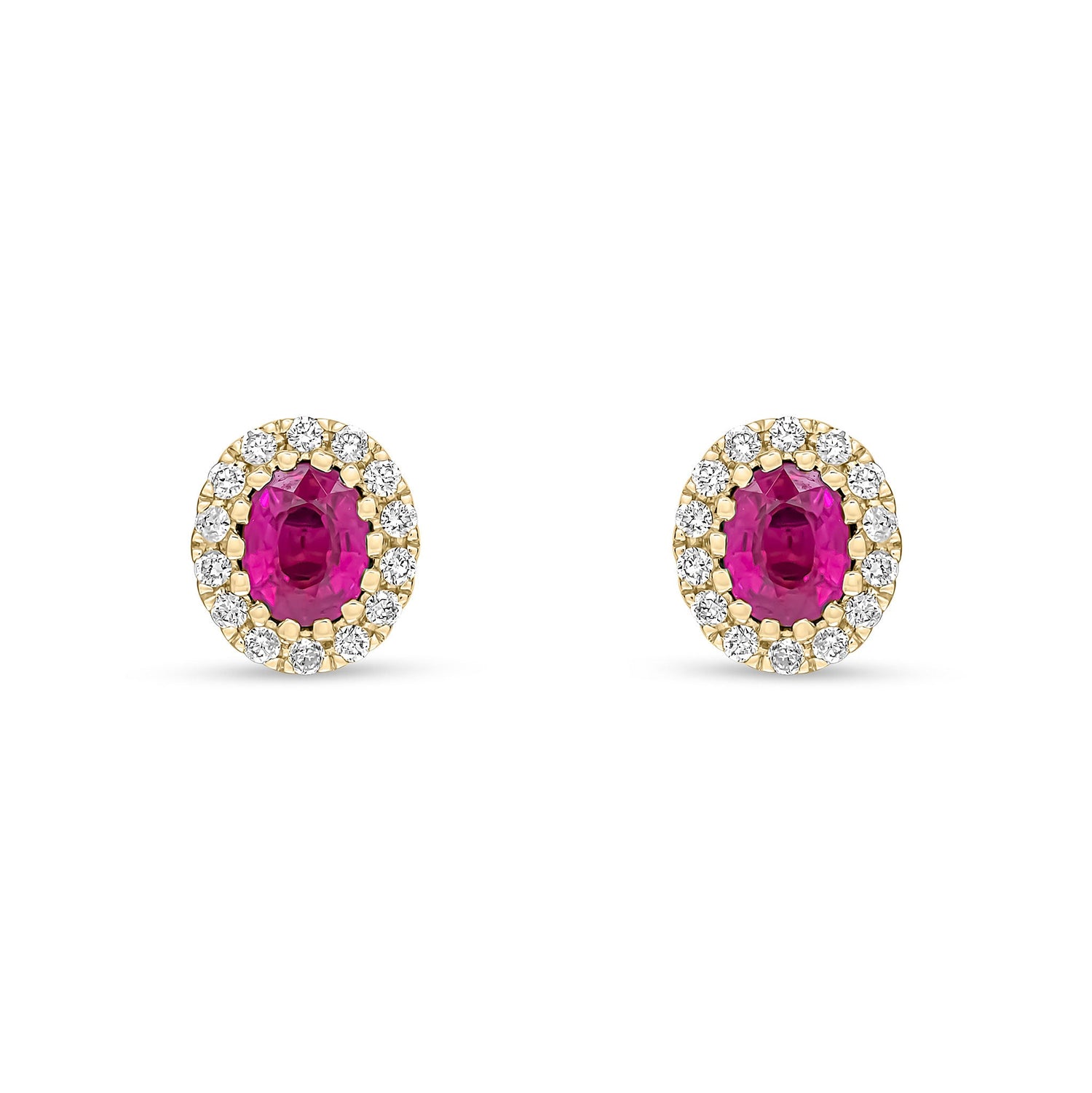 18ct Yellow Gold Oval Natural Ruby and Diamond Cluster Earrings — 5x4mm