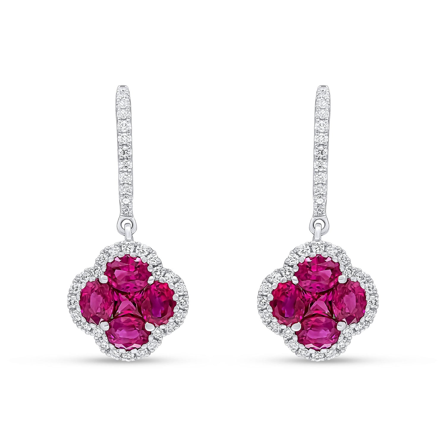 18ct White Gold Round Natural Diamond Hoop with Ruby and Diamond Quatrefoil Cluster Drop Earrings — 24mm