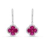 18ct White Gold Natural Diamond Hoop with Natural Ruby & Diamond Quatrefoil Cluster Drop Earrings