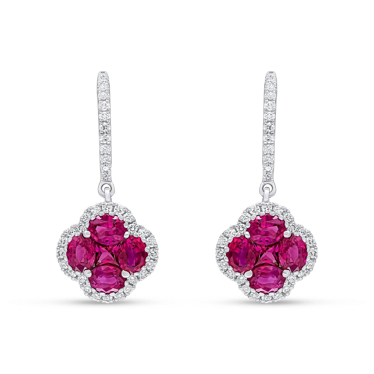 18ct White Gold Natural Diamond Hoop with Natural Ruby & Diamond Quatrefoil Cluster Drop Earrings