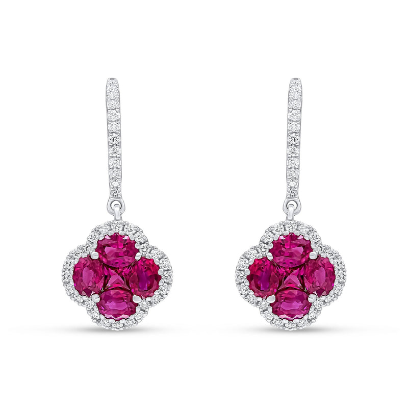 18ct White Gold Natural Diamond Hoop with Natural Ruby & Diamond Quatrefoil Cluster Drop Earrings