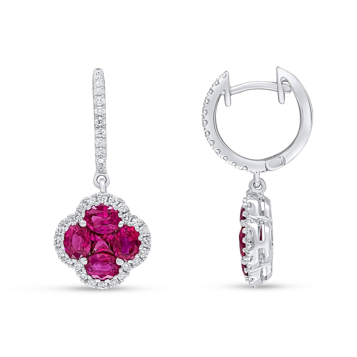 18ct White Gold Round Natural Diamond Hoop with Ruby and Diamond Quatrefoil Cluster Drop Earrings — 24mm