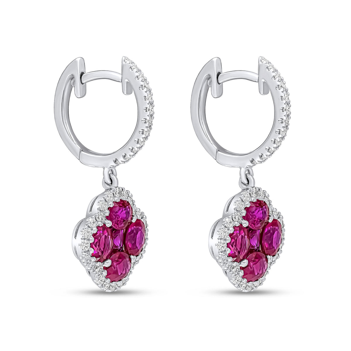 18ct White Gold Natural Diamond Hoop with Natural Ruby & Diamond Quatrefoil Cluster Drop Earrings