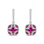 18ct White Gold Natural Ruby & Diamond Shield and Diamond Line Top Drop Earrings