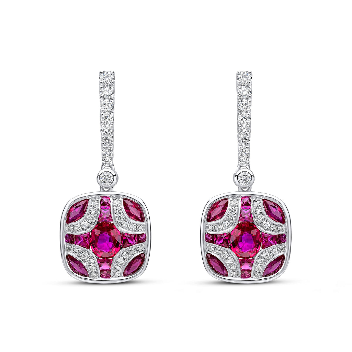 18ct White Gold Natural Ruby & Diamond Shield and Diamond Line Top Drop Earrings