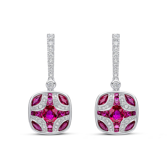 18ct White Gold Natural Ruby and Diamond Shield and Diamond Line Top Drop Earrings — 29mm