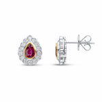 18ct Yellow and White Gold Pear Shaped Natural Ruby & Diamond Rubover Scalloped Edge Cluster Stud Earrings — 6x4mm