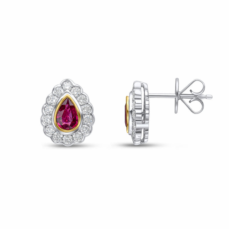 18ct Yellow and White Gold Pear Shaped Natural Ruby & Diamond Rubover Scalloped Edge Cluster Stud Earrings — 6x4mm