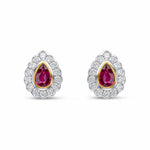 18ct Yellow and White Gold Pear Shaped Natural Ruby & Diamond Rubover Scalloped Edge Cluster Stud Earrings — 6x4mm