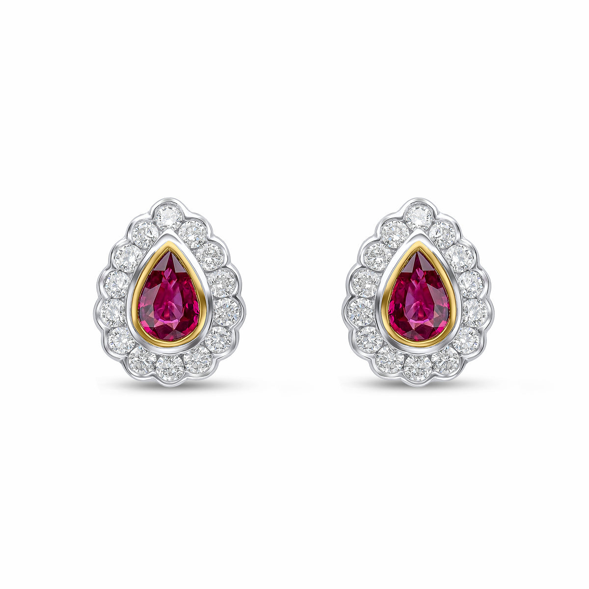 18ct Yellow and White Gold Pear Shaped Natural Ruby & Diamond Rubover Scalloped Edge Cluster Stud Earrings — 6x4mm