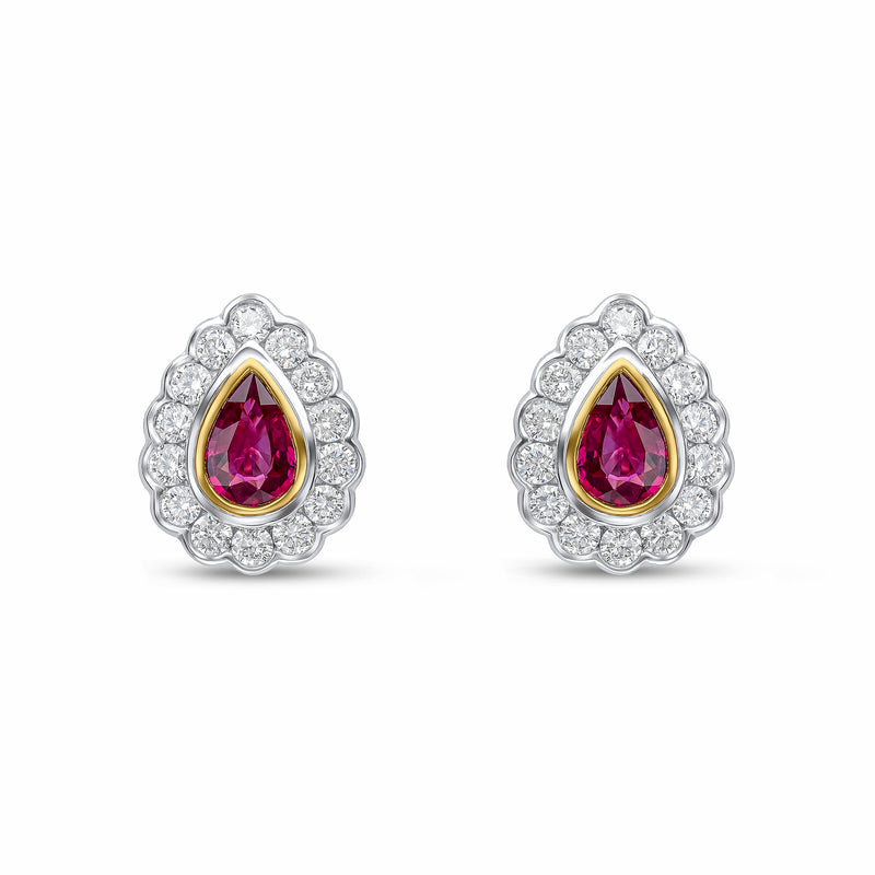 18ct Yellow and White Gold Pear Shaped Natural Ruby & Diamond Rubover Scalloped Edge Cluster Stud Earrings — 6x4mm