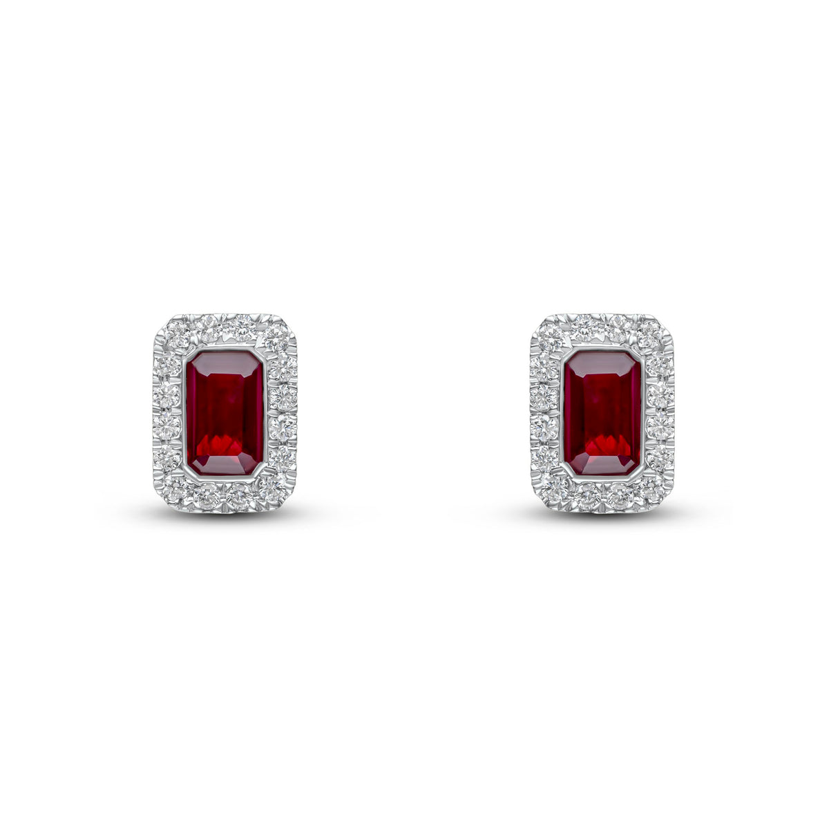 18ct Yellow and White Gold Octagonal Natural Ruby & Diamond Cluster Stud Earrings — 5x3mm