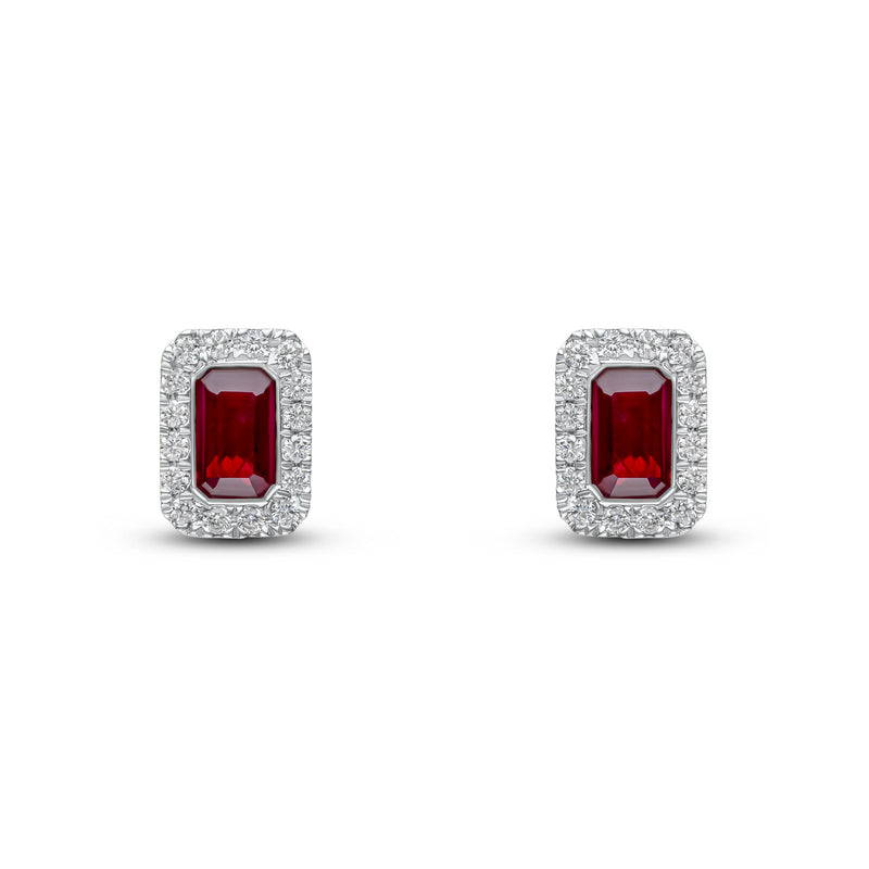 18ct Yellow and White Gold Octagonal Natural Ruby & Diamond Cluster Stud Earrings — 5x3mm