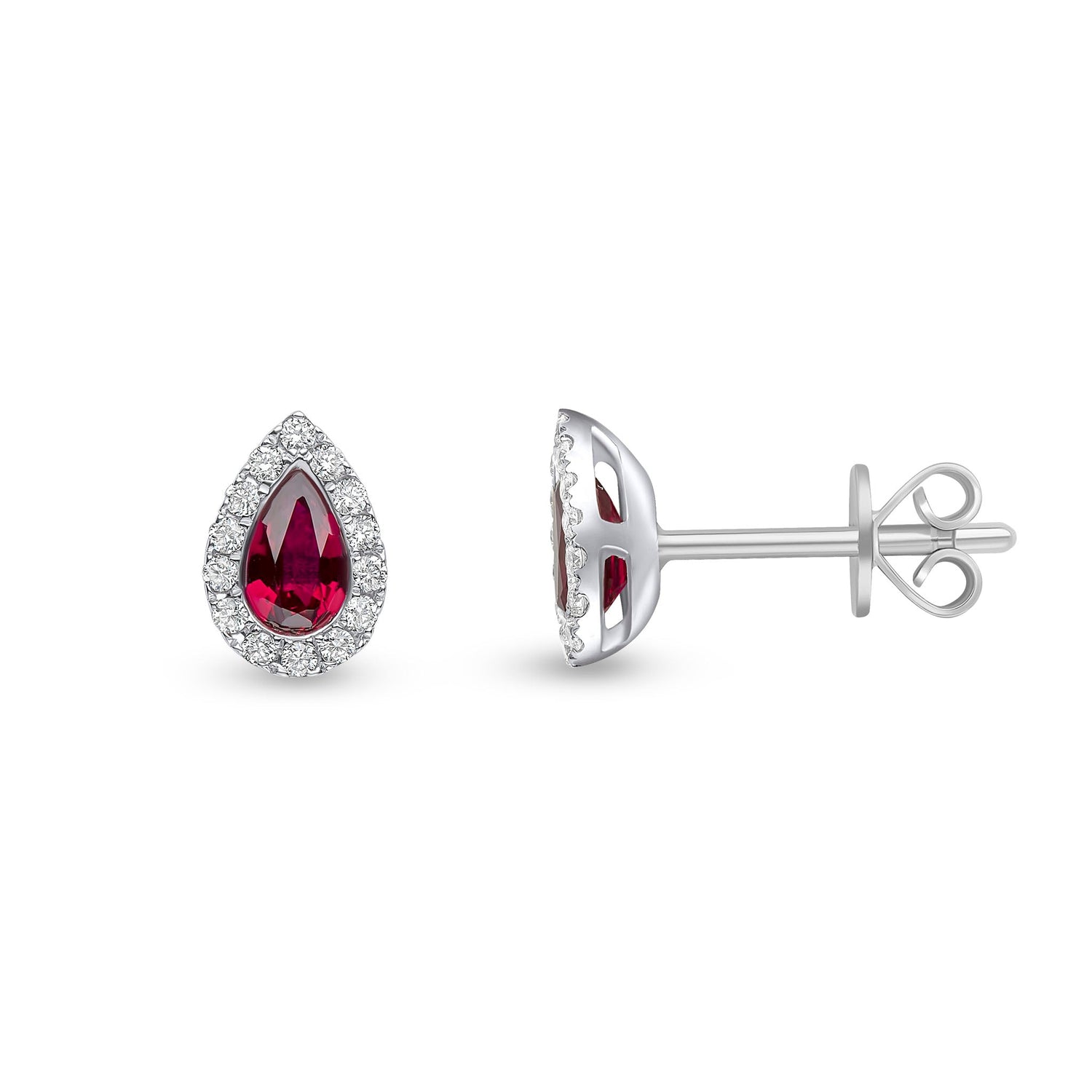 18ct White Gold Pear Shaped Natural Ruby and Diamond Cluster Stud Earrings — 5x3mm