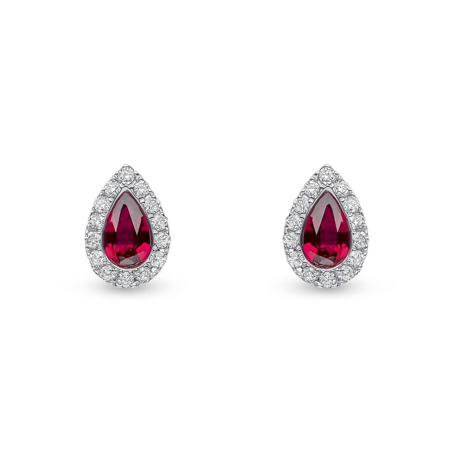 18ct White Gold Pear Shaped Natural Ruby and Diamond Cluster Stud Earrings — 5x3mm