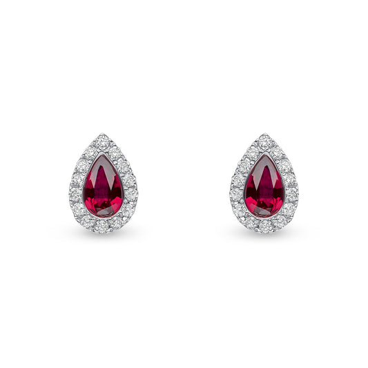 18ct White Gold Pear Shaped Natural Ruby and Diamond Cluster Stud Earrings — 5x3mm