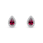18ct White Gold Pear Shaped Natural Ruby & Diamond Cluster Stud Earrings — 5x3mm