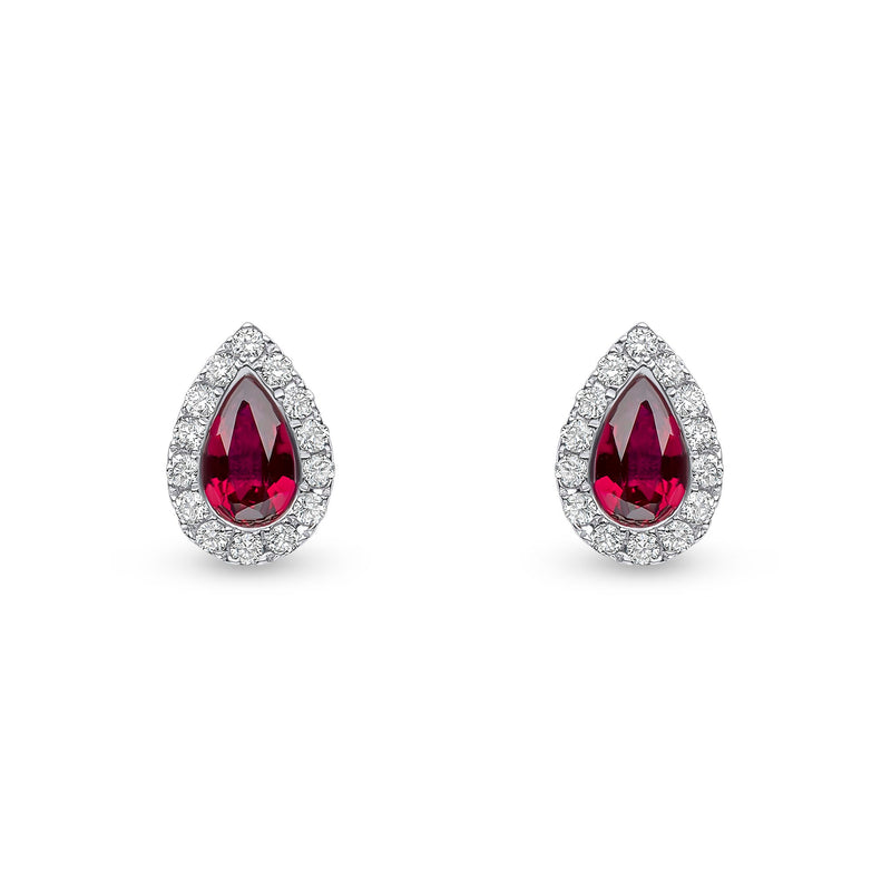 18ct White Gold Pear Shaped Natural Ruby & Diamond Cluster Stud Earrings — 5x3mm