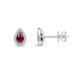 18ct White Gold Pear Shaped Natural Ruby & Diamond Cluster Stud Earrings — 5x3mm