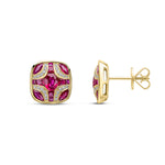18ct Yellow Gold Natural Ruby & Diamond Shield Stud Earrings