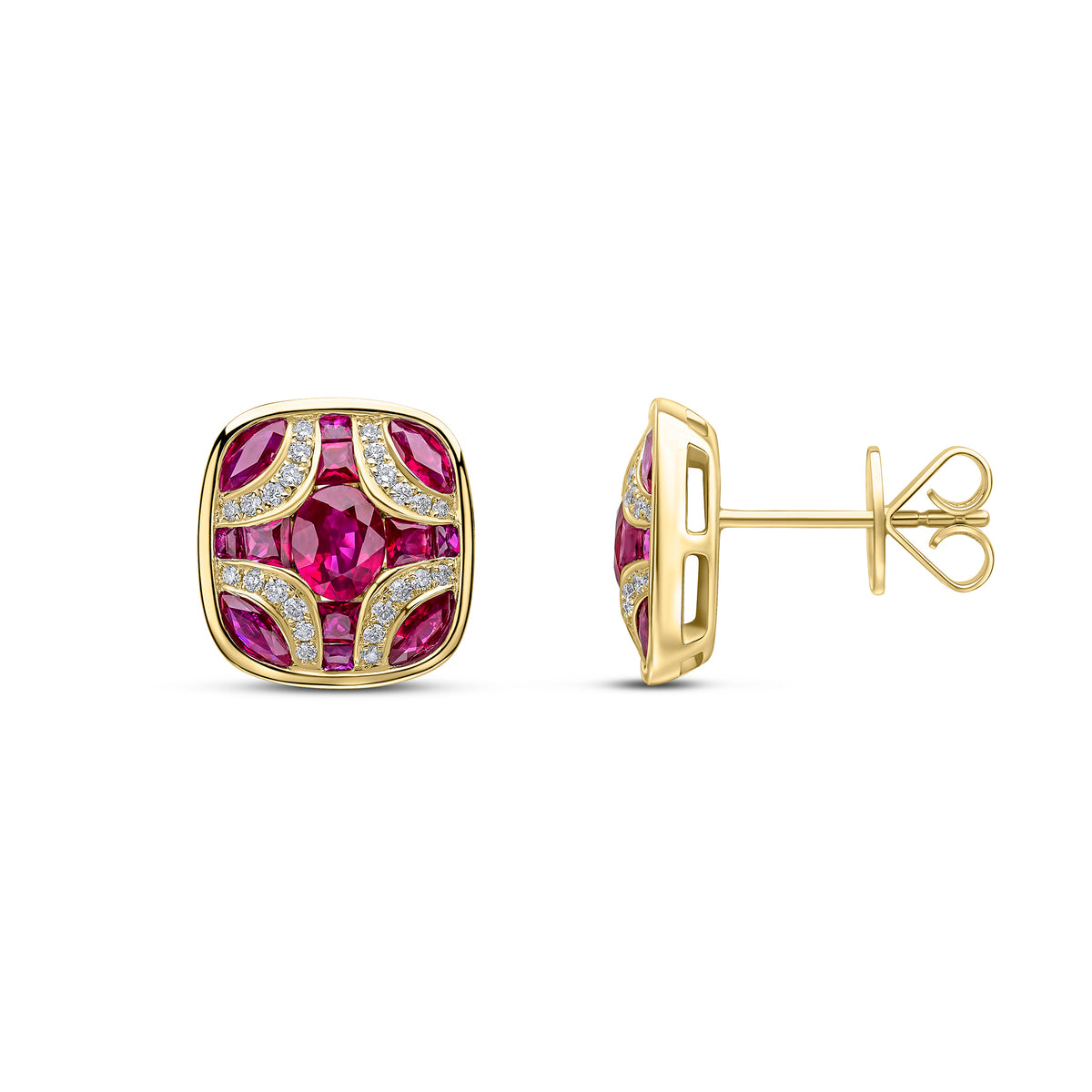 18ct Yellow Gold Natural Ruby & Diamond Shield Stud Earrings