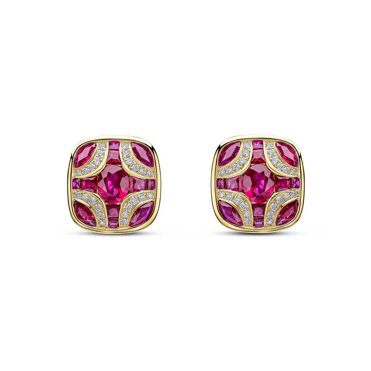 18ct Yellow Gold Natural Ruby & Diamond Shield Stud Earrings