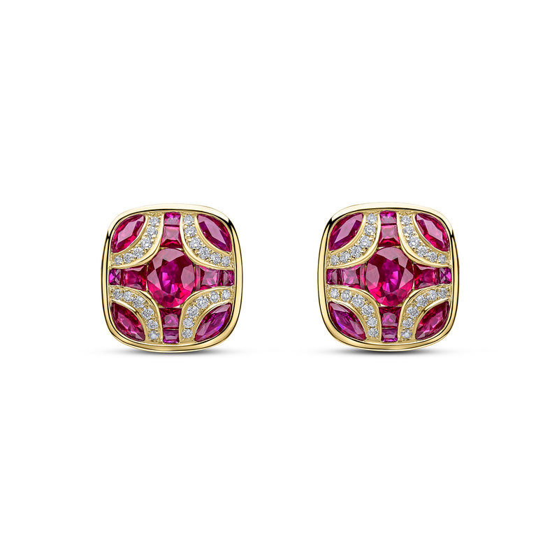 18ct Yellow Gold Natural Ruby & Diamond Shield Stud Earrings