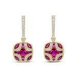 18ct Yellow Gold Natural Ruby & Diamond Shield and Diamond Line Top Drop Earrings