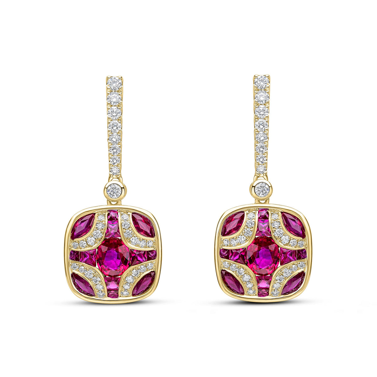 18ct Yellow Gold Natural Ruby & Diamond Shield and Diamond Line Top Drop Earrings