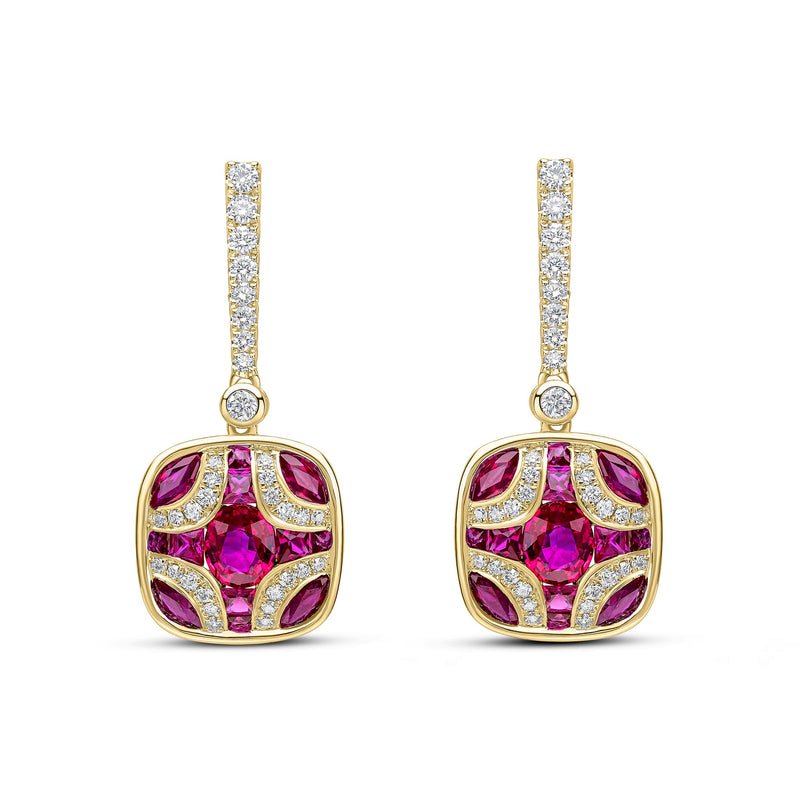 18ct Yellow Gold Natural Ruby & Diamond Shield and Diamond Line Top Drop Earrings