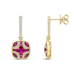 18ct Yellow Gold Natural Ruby & Diamond Shield and Diamond Line Top Drop Earrings