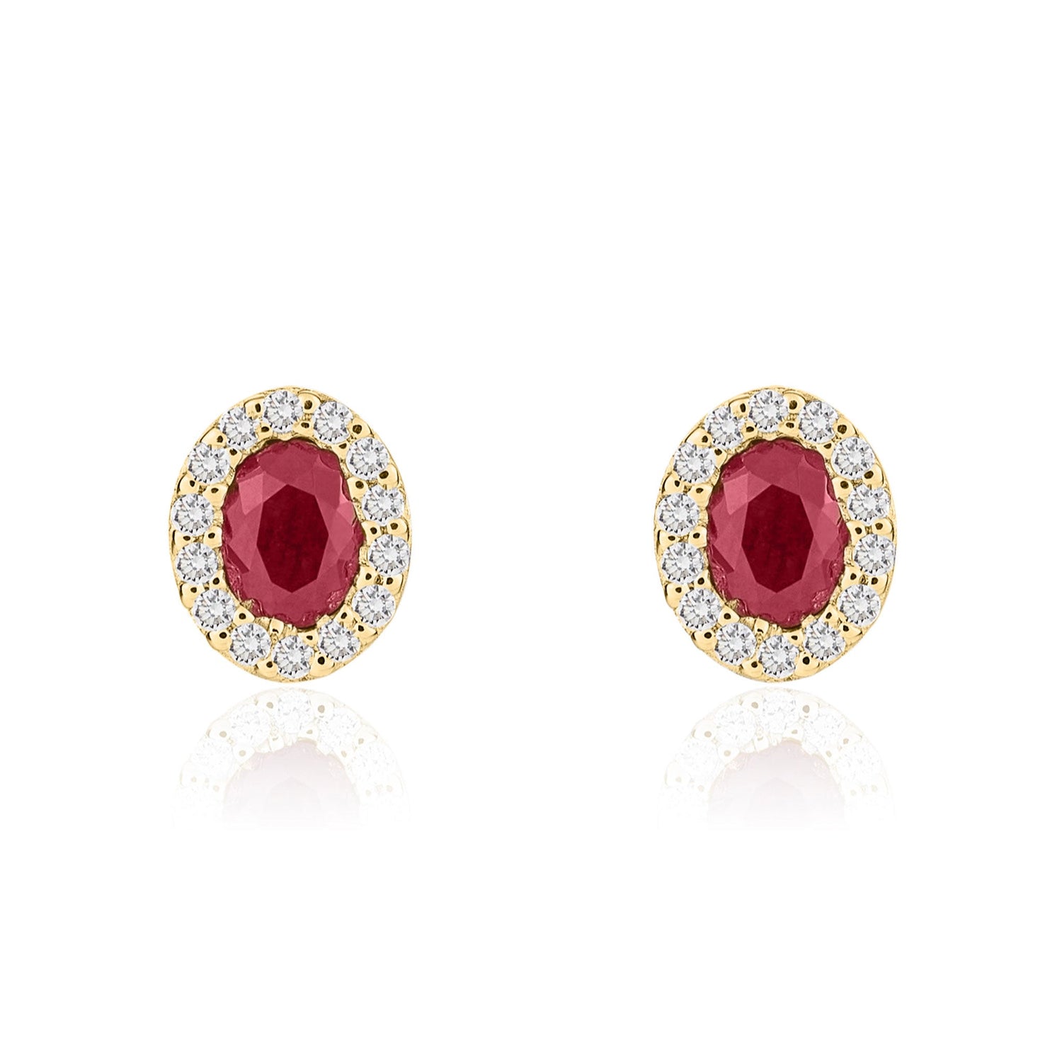 18ct Yellow Gold Oval Natural Ruby and Diamond Cluster Earrings — 4x3mm