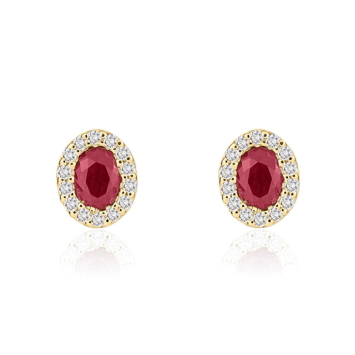 18ct Yellow Gold Oval Natural Ruby & Diamond Microset Cluster Stud Earrings — 4x3mm