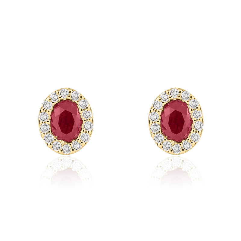 18ct Yellow Gold Oval Natural Ruby & Diamond Microset Cluster Stud Earrings — 4x3mm