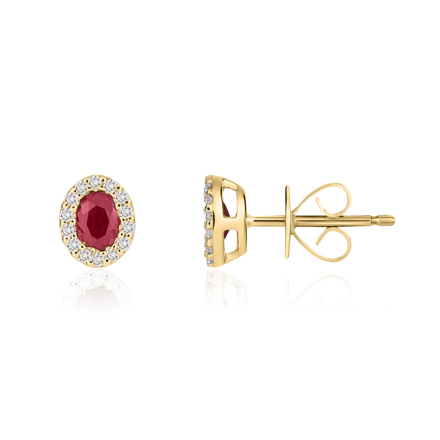 18ct Yellow Gold Oval Natural Ruby and Diamond Cluster Earrings — 4x3mm