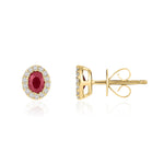 18ct Yellow Gold Oval Natural Ruby & Diamond Microset Cluster Stud Earrings — 4x3mm