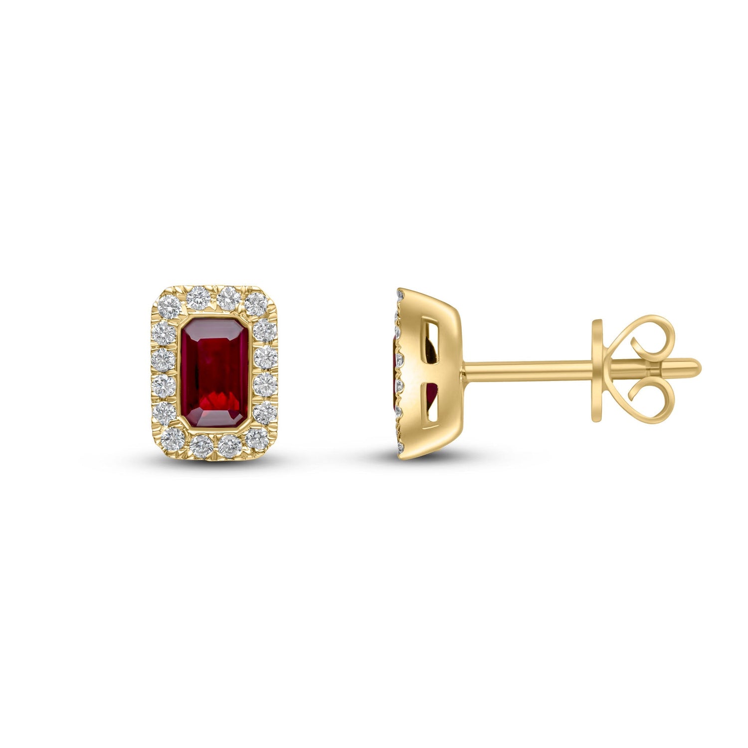 18ct Yellow Gold Octagonal Emerald Cut Natural Ruby and Diamond Cluster Earrings — 5x3mm