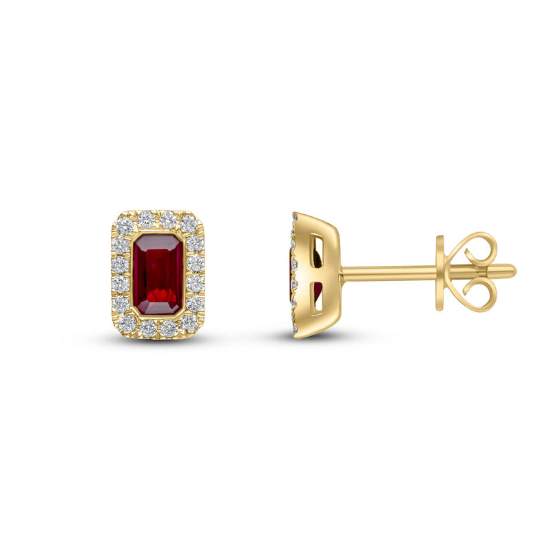 18ct Yellow Gold Octagonal Natural Ruby & Diamond Cluster Stud Earrings — 5x3mm