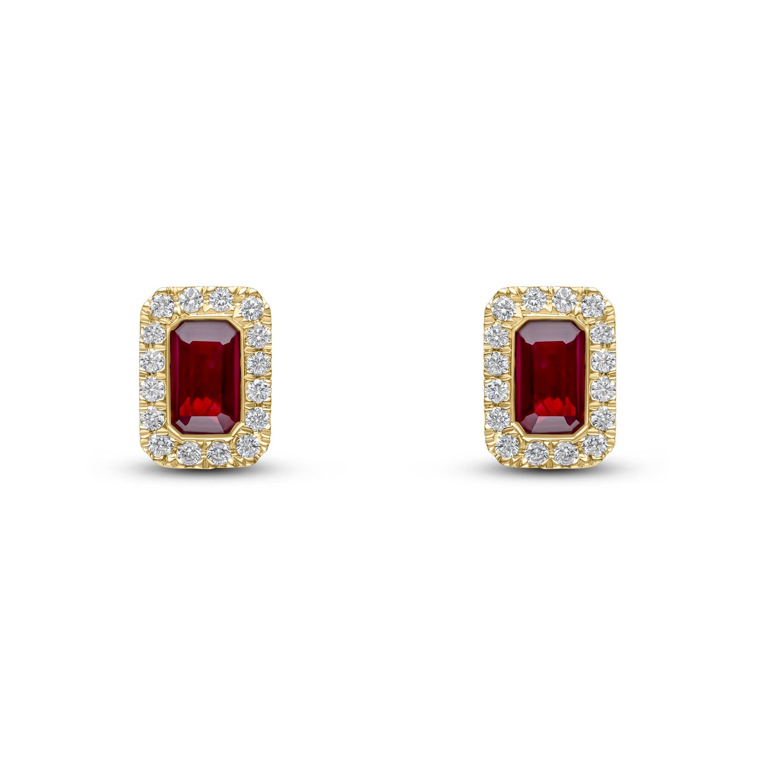 18ct Yellow Gold Octagonal Emerald Cut Natural Ruby and Diamond Cluster Earrings — 5x3mm