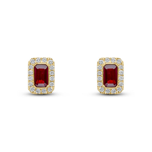 18ct Yellow Gold Octagonal Emerald Cut Natural Ruby and Diamond Cluster Earrings — 5x3mm