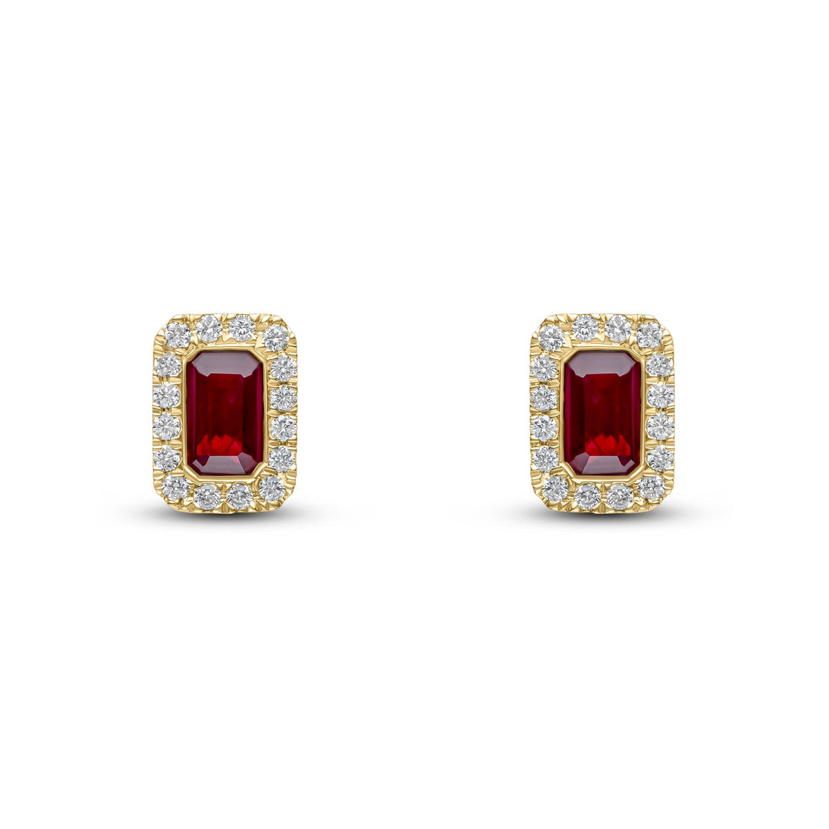 18ct Yellow Gold Octagonal Natural Ruby & Diamond Cluster Stud Earrings — 5x3mm