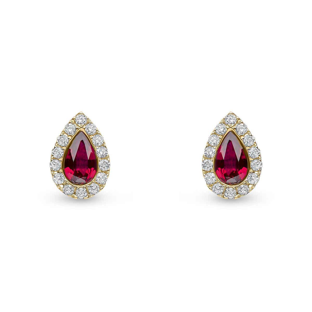 18ct Yellow Gold Pear Shaped Natural Ruby & Diamond Cluster Stud Earrings — 5x3mm