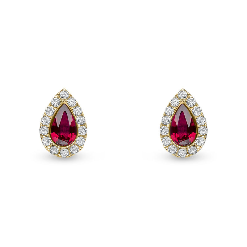 18ct Yellow Gold Pear Shaped Natural Ruby & Diamond Cluster Stud Earrings — 5x3mm