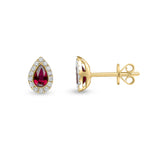 18ct Yellow Gold Pear Shaped Natural Ruby & Diamond Cluster Stud Earrings — 5x3mm
