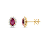 18ct Yellow Gold Oval Natural Ruby & Diamond Claw Set Cluster Stud Earrings — 6x4mm