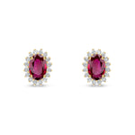18ct Yellow Gold Oval Natural Ruby & Diamond Claw Set Cluster Stud Earrings — 6x4mm