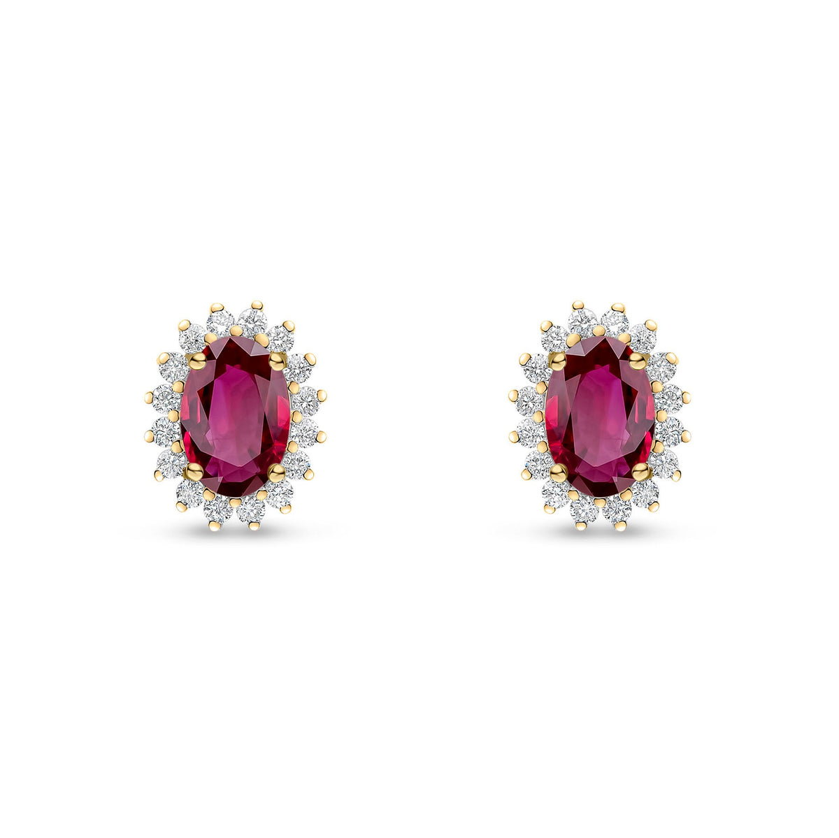 18ct Yellow Gold Oval Natural Ruby & Diamond Claw Set Cluster Stud Earrings — 6x4mm