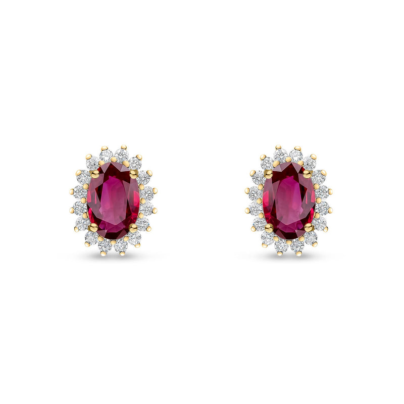 18ct Yellow Gold Oval Natural Ruby & Diamond Claw Set Cluster Stud Earrings — 6x4mm