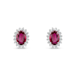18ct White Gold Oval Natural Ruby & Diamond Claw Set Cluster Stud Earrings — 6x4mm