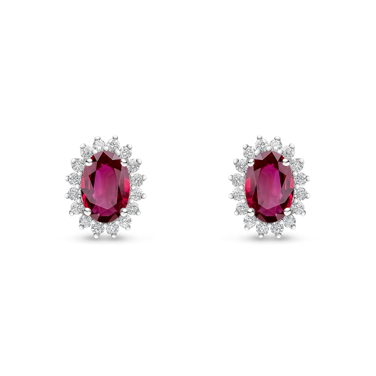 18ct White Gold Oval Natural Ruby & Diamond Claw Set Cluster Stud Earrings — 6x4mm